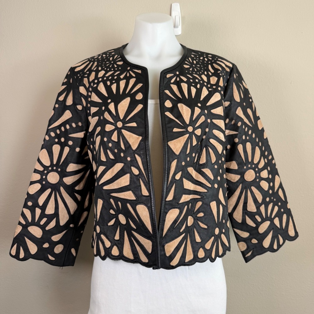 Bagatelle Leather Jacket 12 Floral Cutout Suede Black Tan Cropped Boho Festival